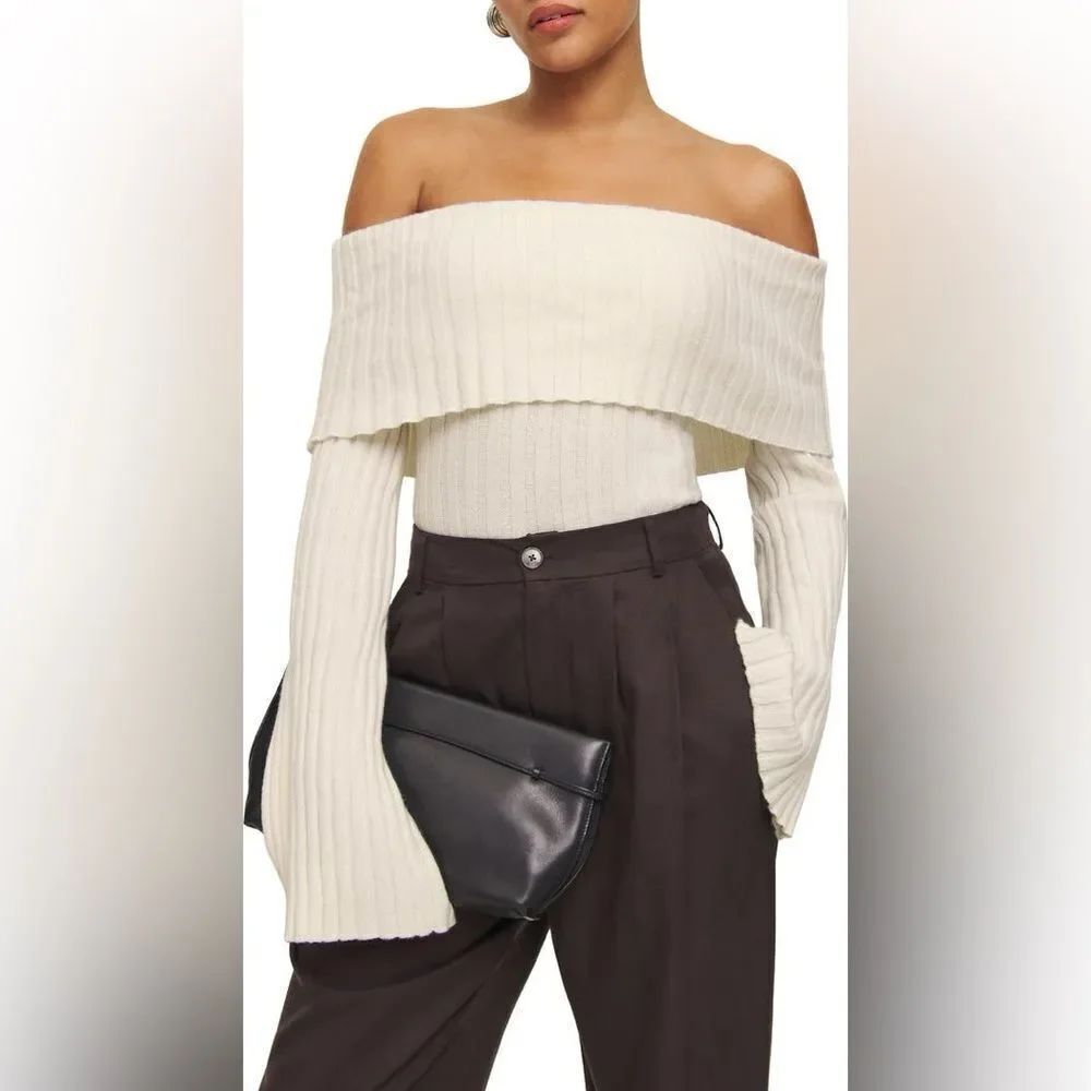 Reformation Lana foldover Off-Shoulder Cream Sweater Medium